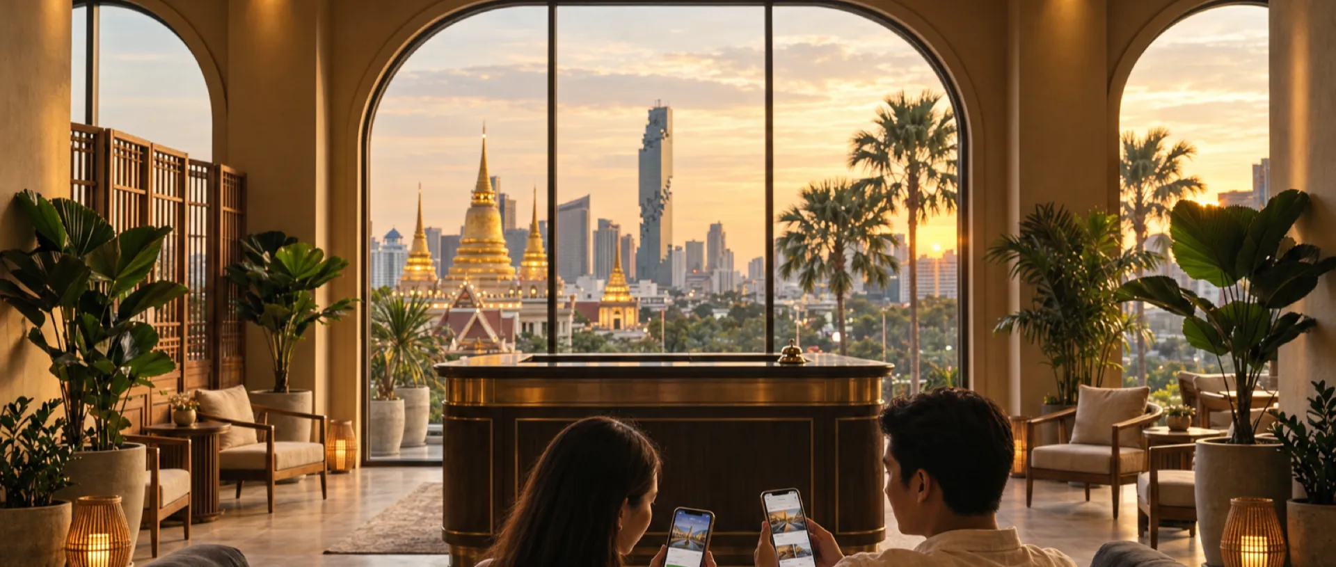 Hotel guests in the lobby booking on their phones instead of asking the hotel