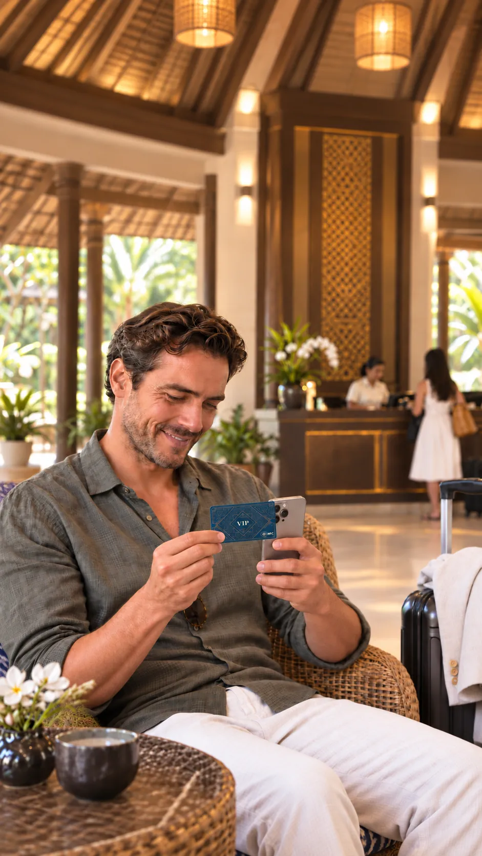 Hotel guest holding a PrivéTag card in a hotel lobby